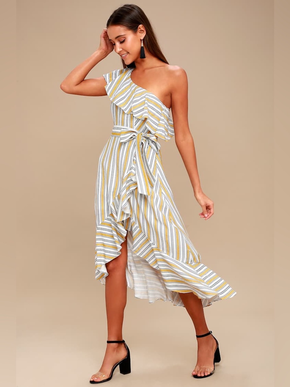 Lulus High Tide Yellow Striped One Shoulder Midi Dress Size Small